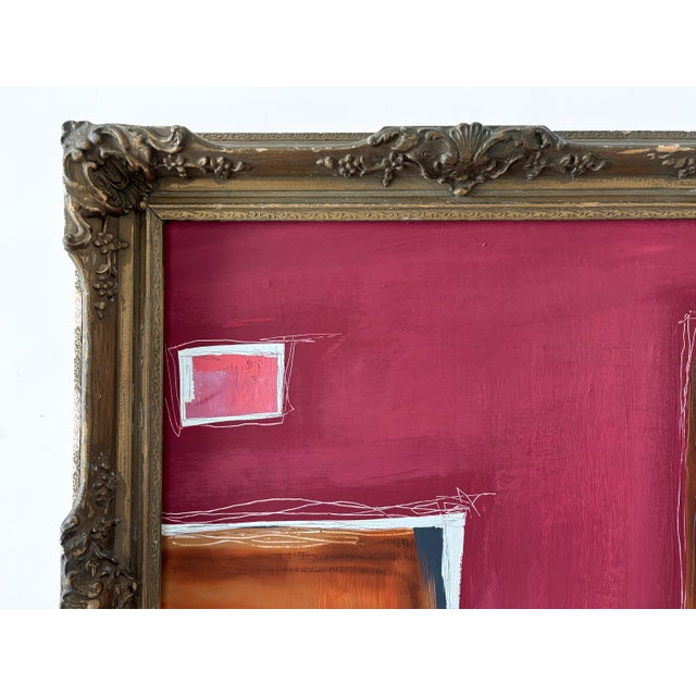 “Fervor” Red Abstract Art in Antique Frame, Large Transitional Living Room Art by JTS For Sale - Image 4 of 11
