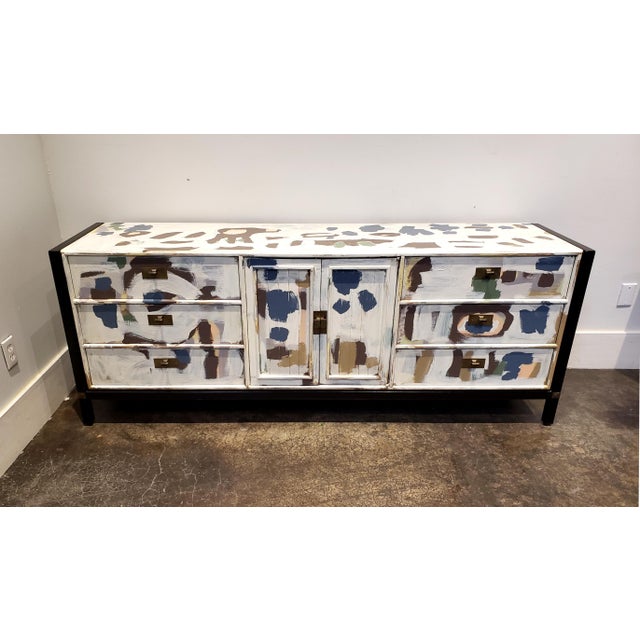 All-over abstract composition hand-painted in acrylic and oil paint and hand-finished by artist Lionel Lamy on an up-...