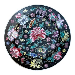 Vintage Chinese Jingdezhen Zhongguo Famille Noire Mille Fleur Decorative Plate For Sale