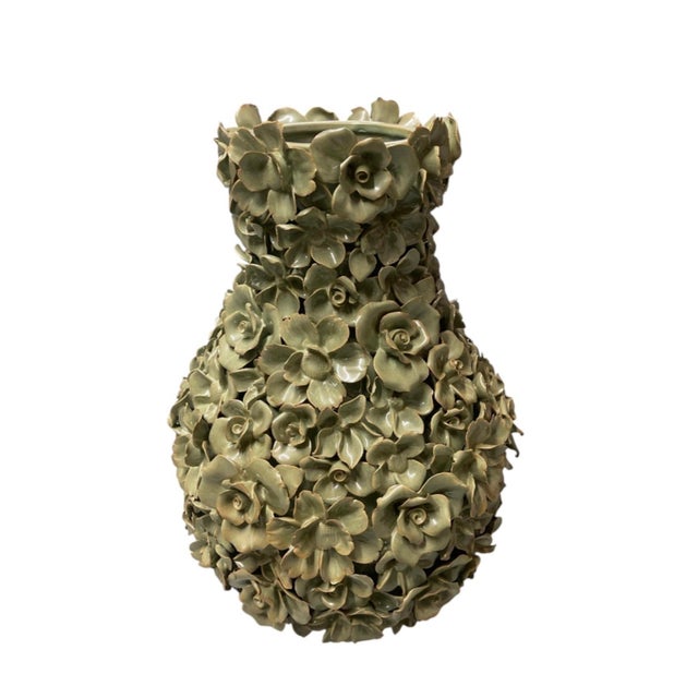 2000 - 2009 Vintage Italian Floral Encrusted Ceramic Vase – Glossy Sage Green Hand-Sculpted Rose Urn For Sale - Image 5 of 12