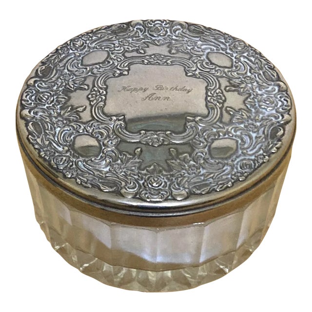 1940s Silver Plated & Glass Vanity Powder Jar With Puff For Sale