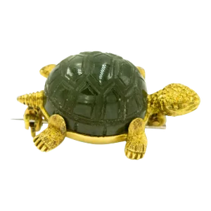 Nephrite Jade Textured Turtle Yellow Gold Brooch Pin