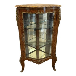 Antique French Kingwood Serpentine Corner Display Cabinet with Marble Top and Ormolu Mounts, 1860 For Sale