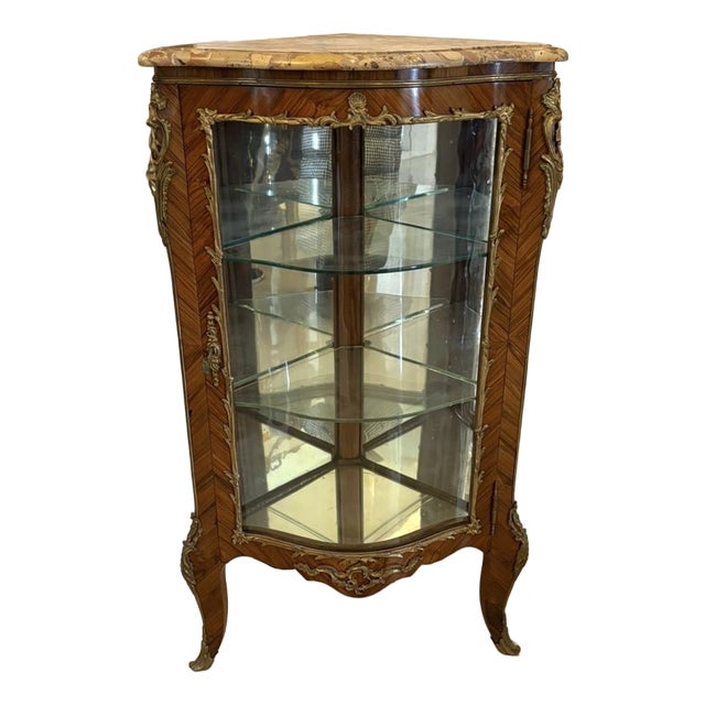 Antique French Kingwood Serpentine Corner Display Cabinet with Marble Top and Ormolu Mounts, 1860 For Sale