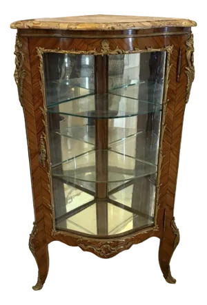Antique French Kingwood Serpentine Corner Display Cabinet with Marble Top and Ormolu Mounts, 1860