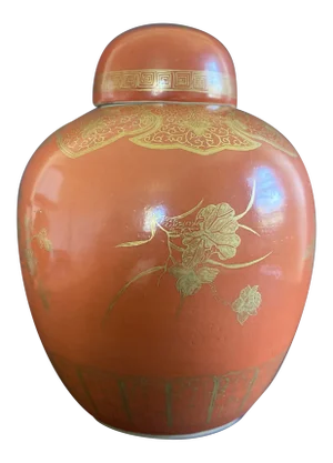 19th Century Chinese Coral Orange Lidded Ginger Jar