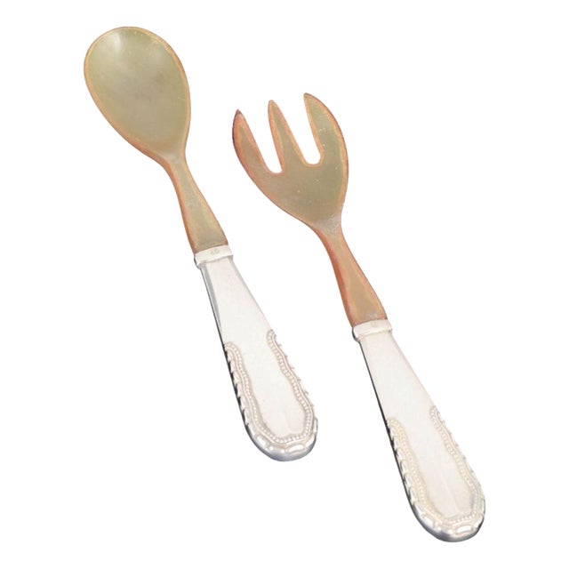 Salad Set in Silver and Bone with Handles in the Viking Pattern by Georg Jensen, 1930s, Set of 2 For Sale