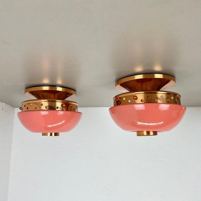 Article: metal ceiling light set of 2 ( a set of 4 lights is also available) color: pink origin: italy age: 1950s this...