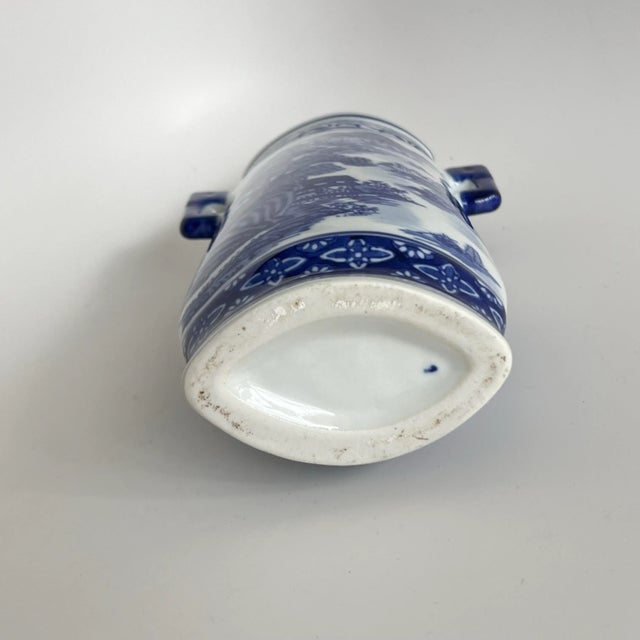 Vintage Blue & White Chinoiserie Landscape Amphora Vase With Double Handles, Mid-Century For Sale - Image 10 of 11