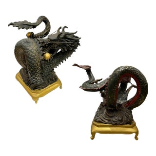 Mid 20th Century Unusual Chinese Cast Bronze Sculptural Dragon Accent Tables, a Pair For Sale