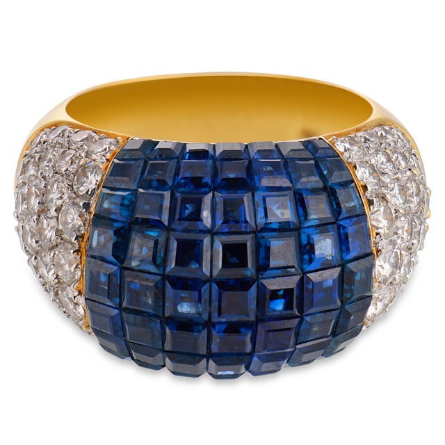 Contemporary French Vintage 5.00 Carat Invisibly Set Sapphire Diamond 18k Yellow Gold Band, Size 7 For Sale - Image 3 of 5