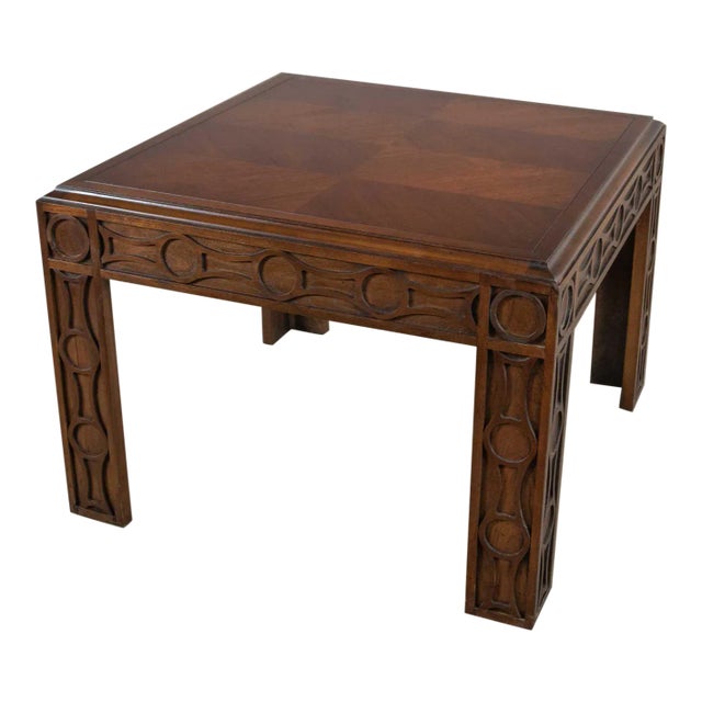 Vintage Modern Square Lane End or Side Table With Carved Leg Design & Chevron Veneer Top For Sale