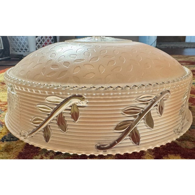 1980s Vintage Frosted Glass Ceiling Light Shade With Applied Vine Motif – Beaded Rim Flush Mount, 10.3” For Sale - Image 5 of 11