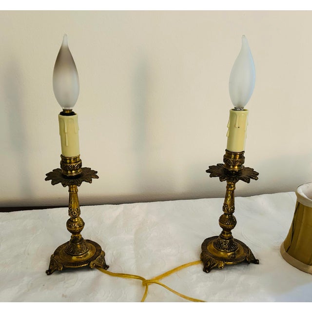 Pair Small Early 20th Century Brass Candlestick Lamps For Sale - Image 4 of 5