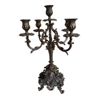 Vintage 1967 Ornate Bronze 5 Candle Candelabra For Sale