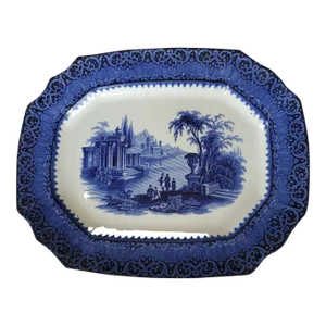 Large Antique Flow Blue Temple Pattern Platter
