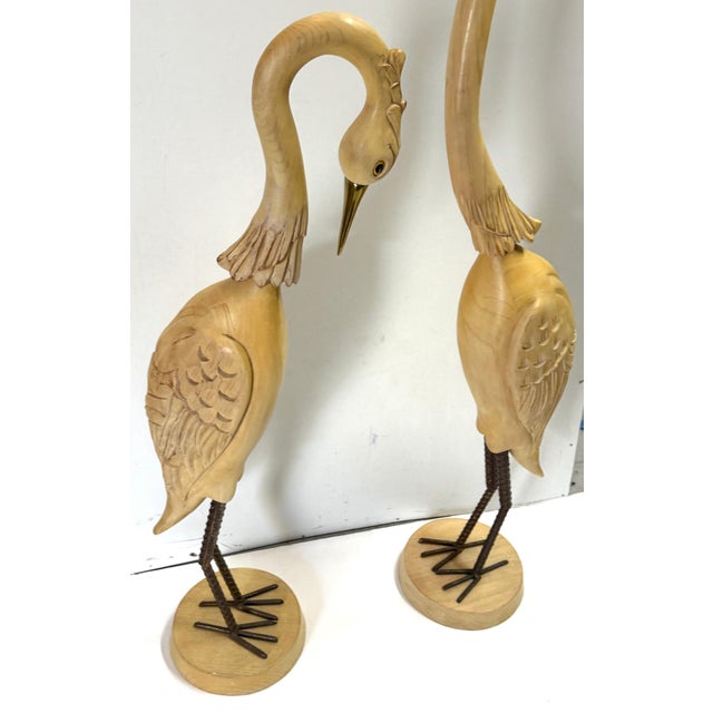 Late 20th Century Pair Italian Hollywood Regency Carved Wood, Brass & Iron Heron Sculptures, C1980 For Sale - Image 5 of 11