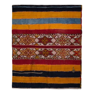 Antique Kurdish Rug Gold Red Striped Geometric Pattern