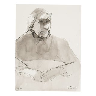 Ruth Schloss, Old Woman at the Table, 1990, Mixed Media Drawing on Paper For Sale