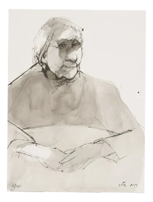 Ruth Schloss, Old Woman at the Table, 1990, Mixed Media Drawing on Paper