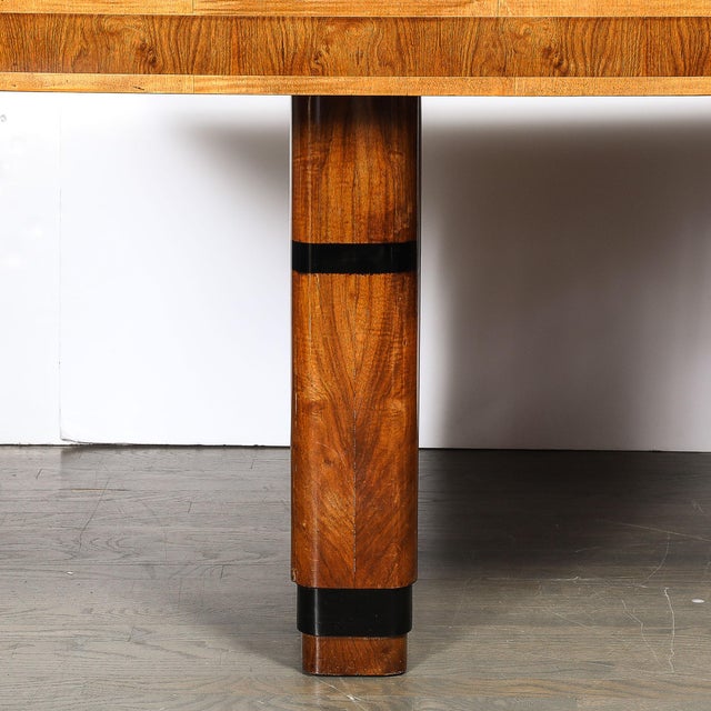 Art Deco Streamlined Book-Matched & Burled Walnut W/ Black Lacquer Dining Table For Sale - Image 4 of 18
