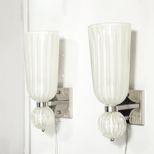 Modernist Hand-Blown Fluted 24k White Gold Fleck Murano Glass & Nickel Sconces For Sale - Image 12 of 13