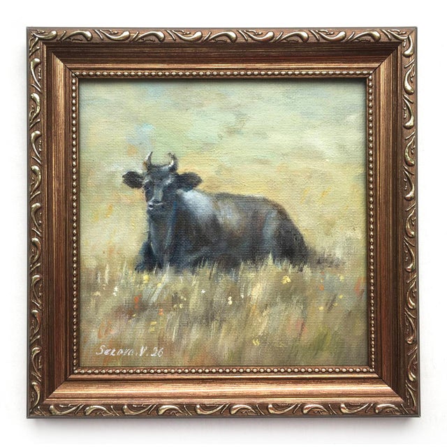 Brown Framed Original Painting Cow Landscape Farmhouse Antique Wall Decor For Sale - Image 8 of 11