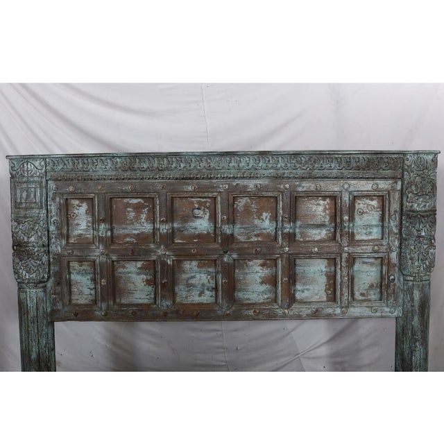 Wood Complete King Size Bed Constructed From an Antique Painted Teakwood Rajasthani Door and Pillars For Sale - Image 7 of 9