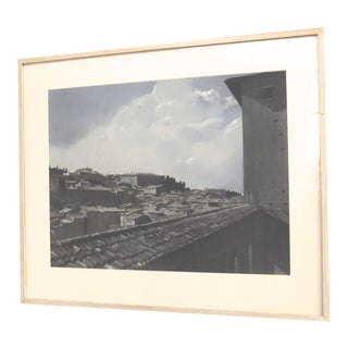 1980s European Rooftops Cityscape Charcoal Drawing, Framed For Sale