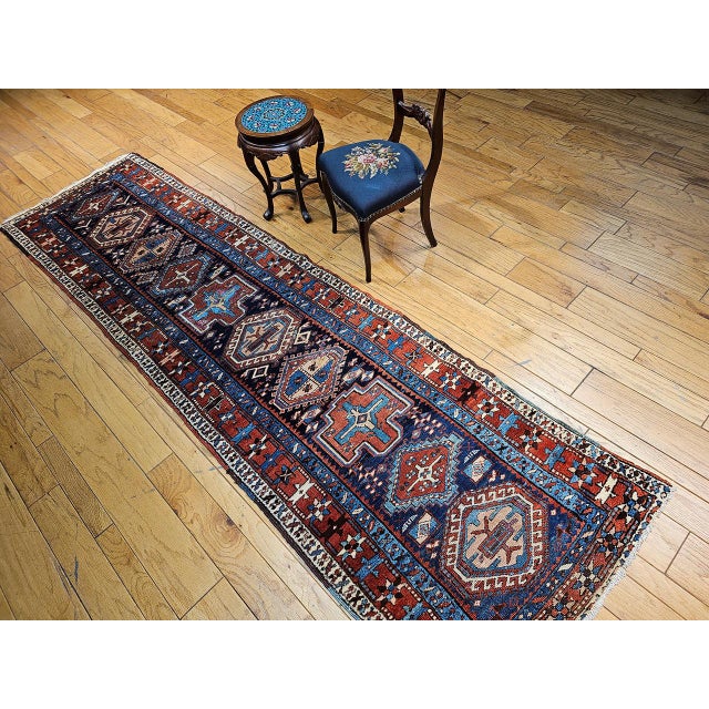 Antique Heriz Serapi Runner Rug, Hand-Knotted Wool, Geometric Pattern, Navy & Red,4x12 For Sale - Image 4 of 11