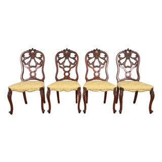 Romweber Antique French Provincial Louis XV Carved Walnut Dining Chairs, Set of Four For Sale