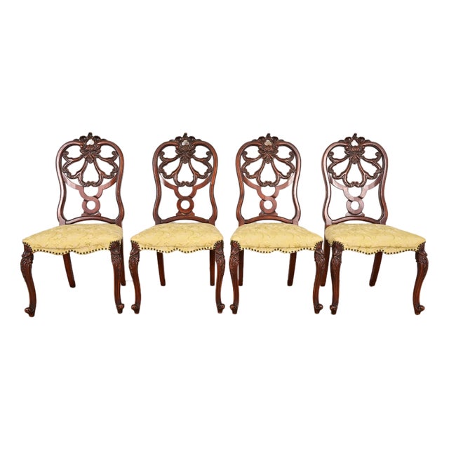 Romweber Antique French Provincial Louis XV Carved Walnut Dining Chairs, Set of Four For Sale