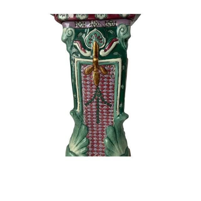 Pair of Vintage Ceramic Table Lamps Cabbage Leaf Motif Pink and Green Hollywood Regency Style For Sale - Image 10 of 12