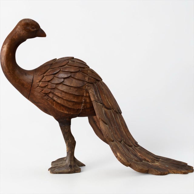 Mid 20th Century Mid-Century Large Scale Indian Carved Wood Folk Art Peacock Sculpture Figurine For Sale - Image 5 of 5