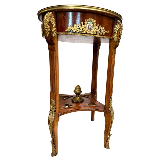 Late 20th Century Pair Louis XV Revival Marquetry Salon Tables With Porcelain Plaques, C. 1900 For Sale - Image 5 of 18