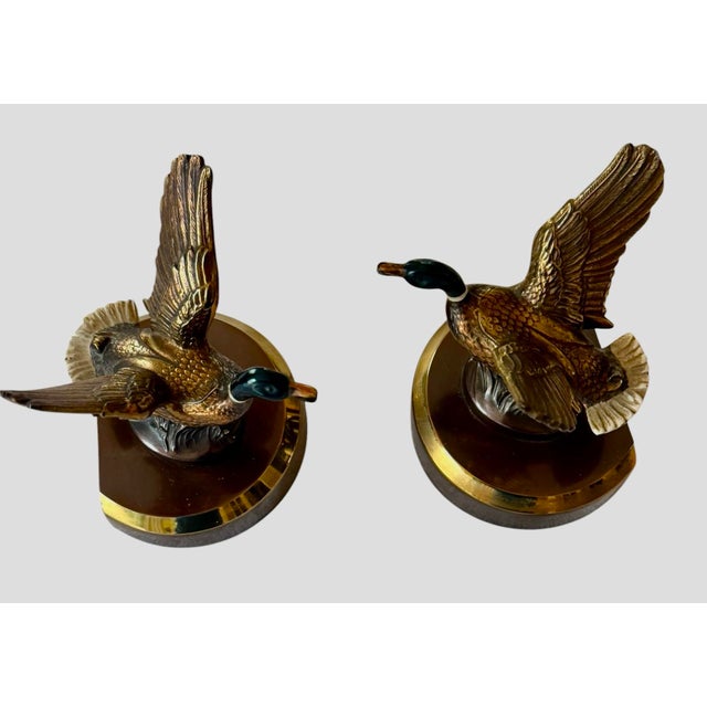 ​Mid 20th Century Solid Brass Mallard Ducks in Flight Bookends Attributed to Pm Craftsman - A Pair For Sale In Washington DC - Image 6 of 12