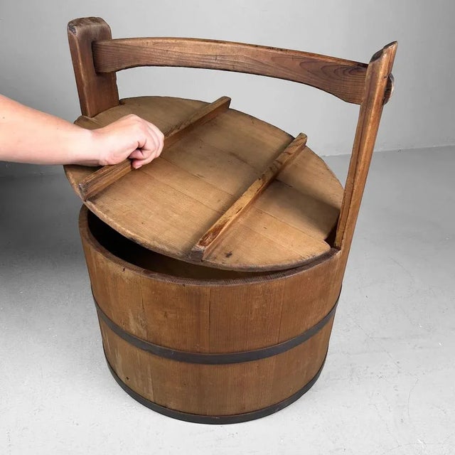 Japanese Wooden Bucket with Lid, 1940s For Sale - Image 11 of 18
