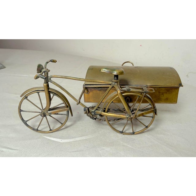 1930s Handmade Antique Brass Bicycle Bike W/ Moving Parts & Side Car Trinket Box Jar For Sale - Image 5 of 13