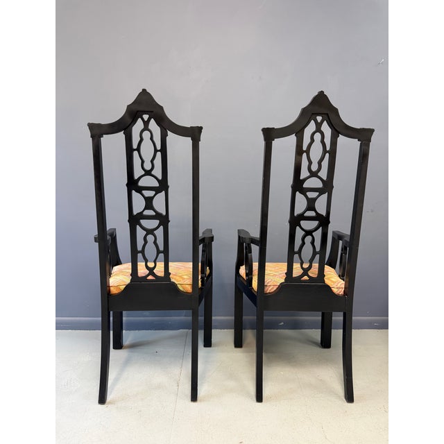 Black Elegant Pair of 1970s Black Chinoiserie Arm Chairs W/Carved Details Mid Century For Sale - Image 8 of 11