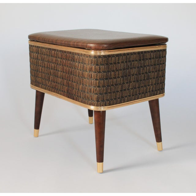 Mid-Century Modern Mid-Century Sewing Basket Stool With Tapered Wooden Legs For Sale - Image 3 of 15