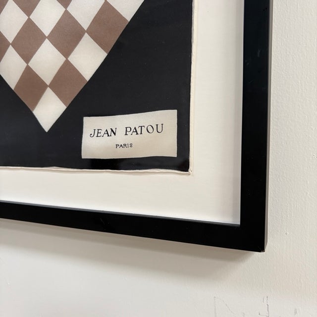 Original vintage mid century Jean Patou scarf in chocolate and red orange checker motif. Mounted and custom framed in a...