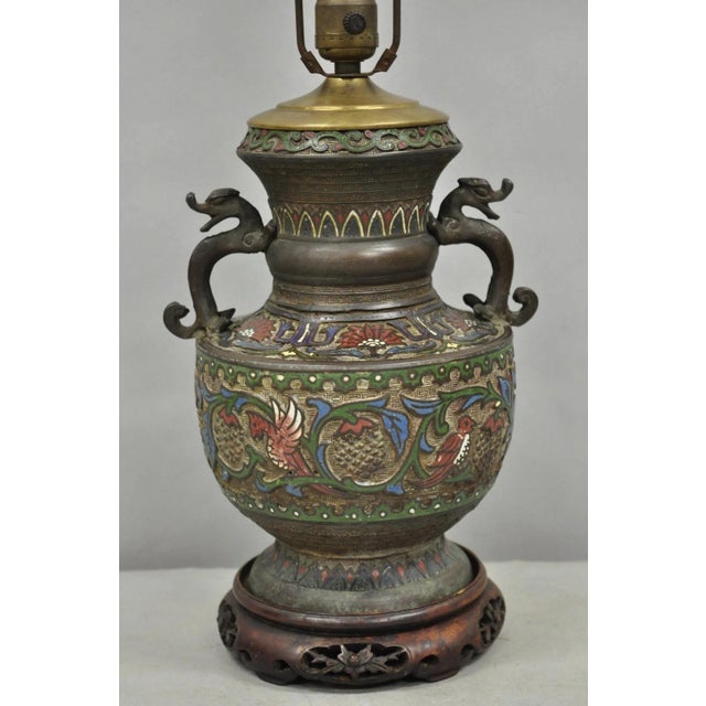 Chinoiserie Antique Chinese Porcelain Enamel Bronze Oriental Cloisonne Champleve Table Lamp For Sale - Image 3 of 12