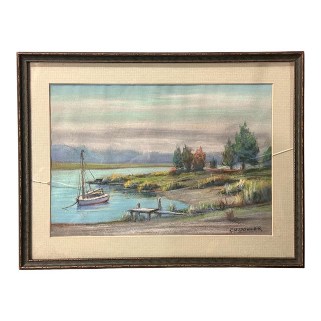 Vintage Riverside Landscape Framed Pastel Watercolor Painting With Sailboat For Sale