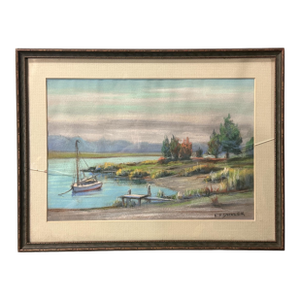 Vintage Riverside Landscape Framed Pastel Watercolor Painting With Sailboat
