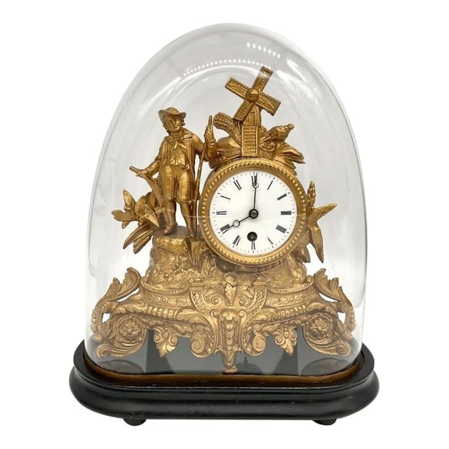 Antique French Gilt Spelter Mantel Clock Glass Dome Windmill Figural Victorian Clock C. 1880 For Sale