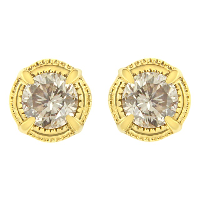 14K Yellow Gold Plated .925 Sterling Silver 1/2 Cttw Round Brilliant Cut Diamond Solitaire Milgrain Stud Earrings For Sale