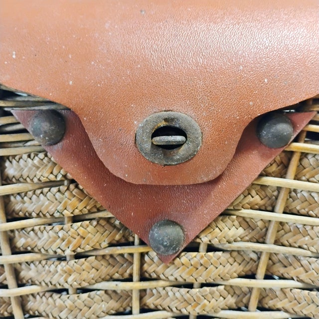 Ooak Mid-Century 1960s Woven Wicker Creel Basket With Leather Flap Tubular Handles For Sale - Image 13 of 17