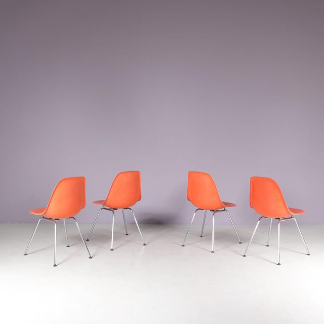 Dining Chairs in Orange Fiberglass on Chrome Metal H-Bases by Charles & Ray Eames for Herman Miller, USA, 1960s, Set of 4 For Sale - Image 3 of 8