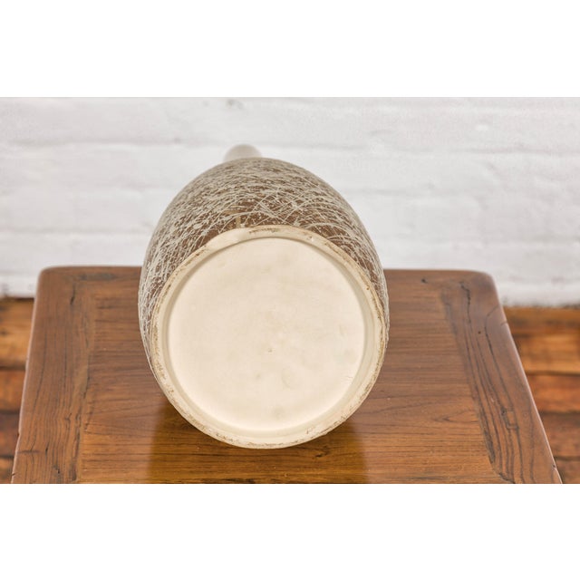 Hand-Crafted Artisan Bottle Shaped Brown and Cream Ceramic Vase with Dripping For Sale - Image 4 of 12