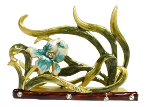 Vintage Enamel Rhinestones Flower Brass Desktop Business Card Holder